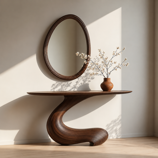 Sculptural Round Base Wood Console Table – Organic Natural Wood Console for Modern Interior - Livewoodcraft
