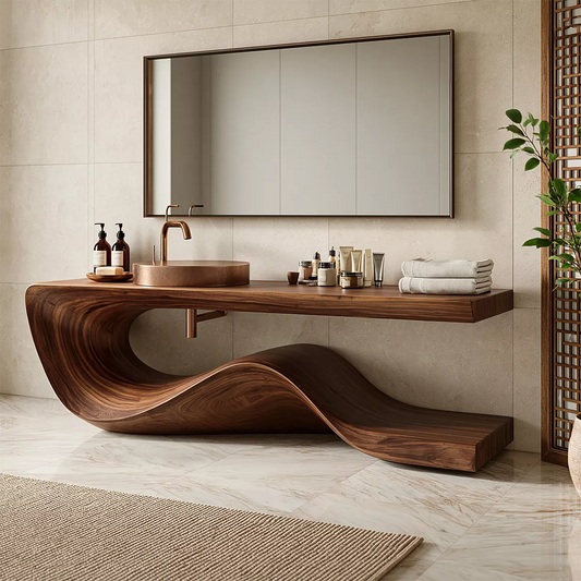 Sculptural Solid Wood Bathroom Vanity With Flowing Wave Base And Natural Wood Grain - Livewoodcraft