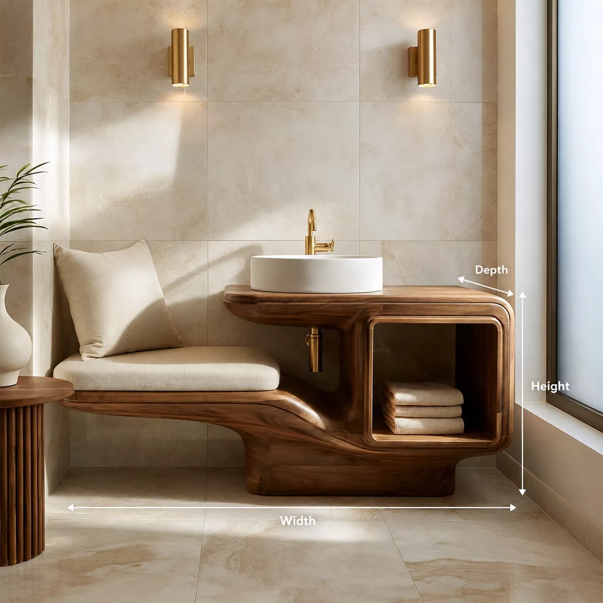 Sculptural Solid Wood Bathroom Vanity With Integrated Bench Open Shelf And Organic Mirror Frame - Livewoodcraft - 10