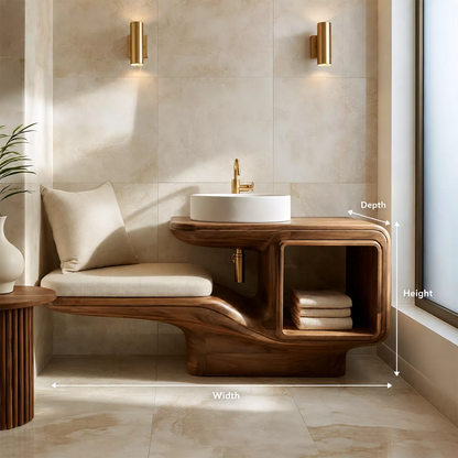 Sculptural Solid Wood Bathroom Vanity With Integrated Bench Open Shelf And Organic Mirror Frame - Livewoodcraft - 10