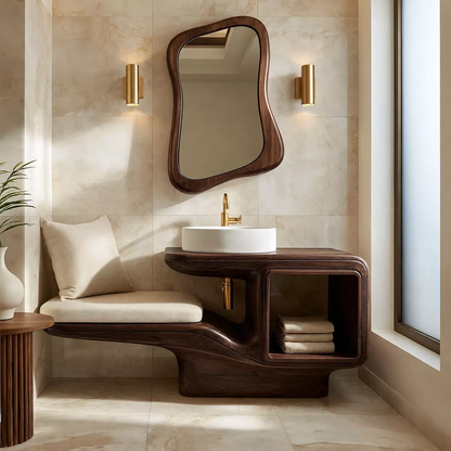 Sculptural Solid Wood Bathroom Vanity With Integrated Bench Open Shelf And Organic Mirror Frame - Livewoodcraft - 2