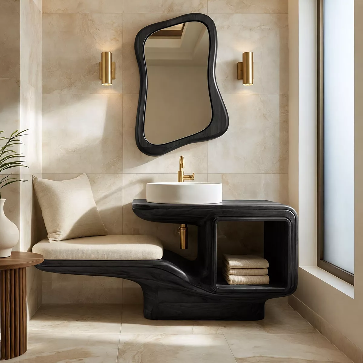 Sculptural Solid Wood Bathroom Vanity With Integrated Bench Open Shelf And Organic Mirror Frame - Livewoodcraft - 3