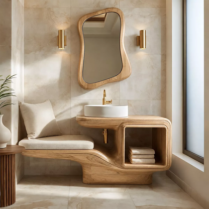 Sculptural Solid Wood Bathroom Vanity With Integrated Bench Open Shelf And Organic Mirror Frame - Livewoodcraft - 4