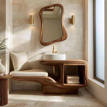 Sculptural Solid Wood Bathroom Vanity With Integrated Bench Open Shelf And Organic Mirror Frame - Livewoodcraft - 5