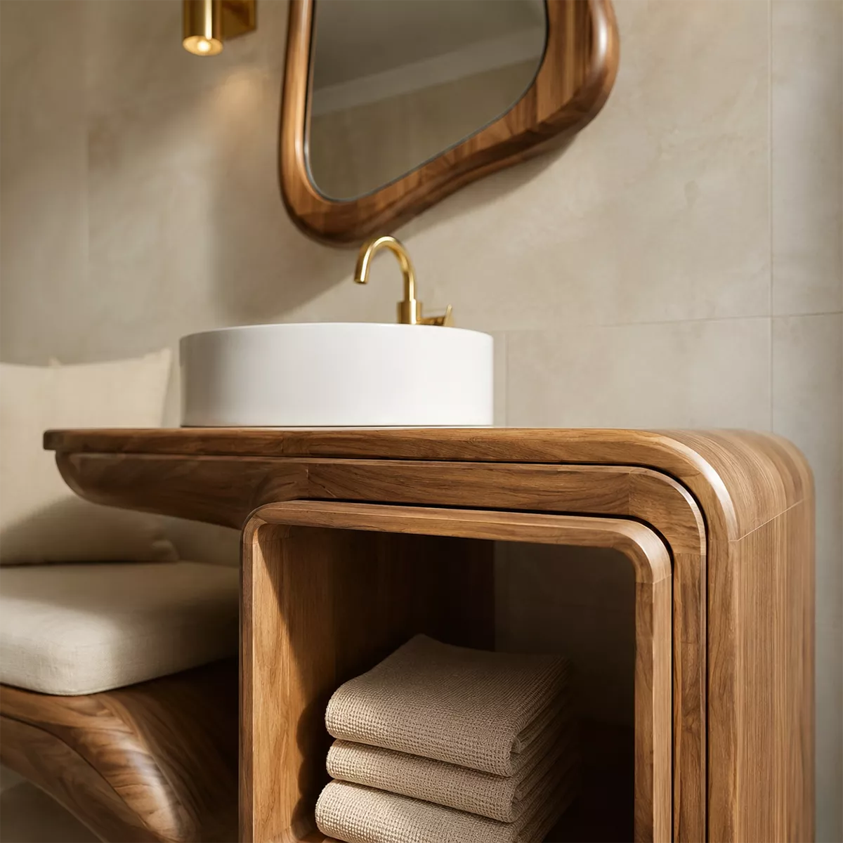 Sculptural Solid Wood Bathroom Vanity With Integrated Bench Open Shelf And Organic Mirror Frame - Livewoodcraft - 6