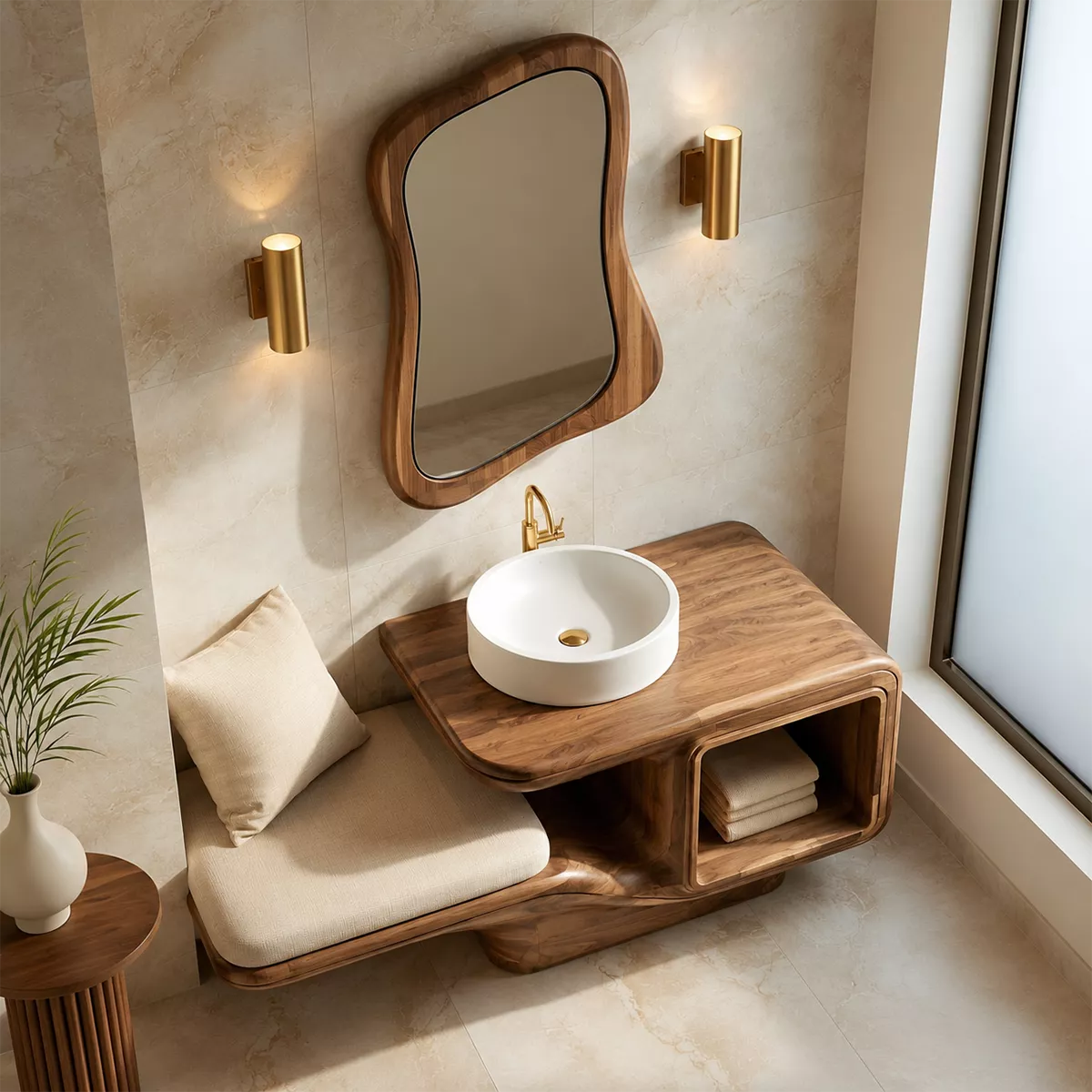 Sculptural Solid Wood Bathroom Vanity With Integrated Bench Open Shelf And Organic Mirror Frame - Livewoodcraft - 7