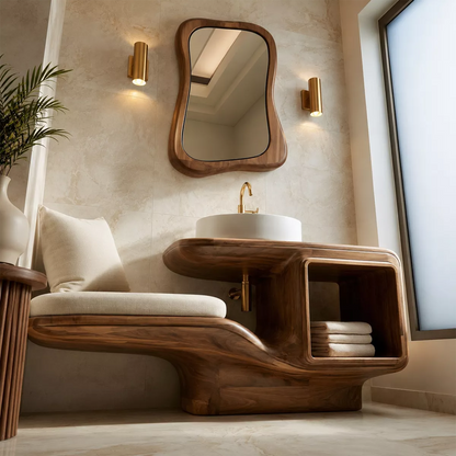 Sculptural Solid Wood Bathroom Vanity With Integrated Bench Open Shelf And Organic Mirror Frame - Livewoodcraft - 8