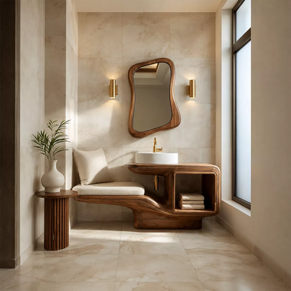 Sculptural Solid Wood Bathroom Vanity With Integrated Bench Open Shelf And Organic Mirror Frame - Livewoodcraft - 9