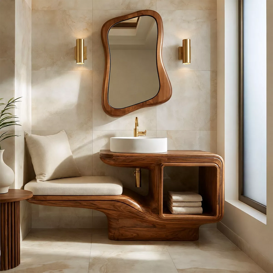 Sculptural Solid Wood Bathroom Vanity With Integrated Bench Open Shelf And Organic Mirror Frame - Livewoodcraft