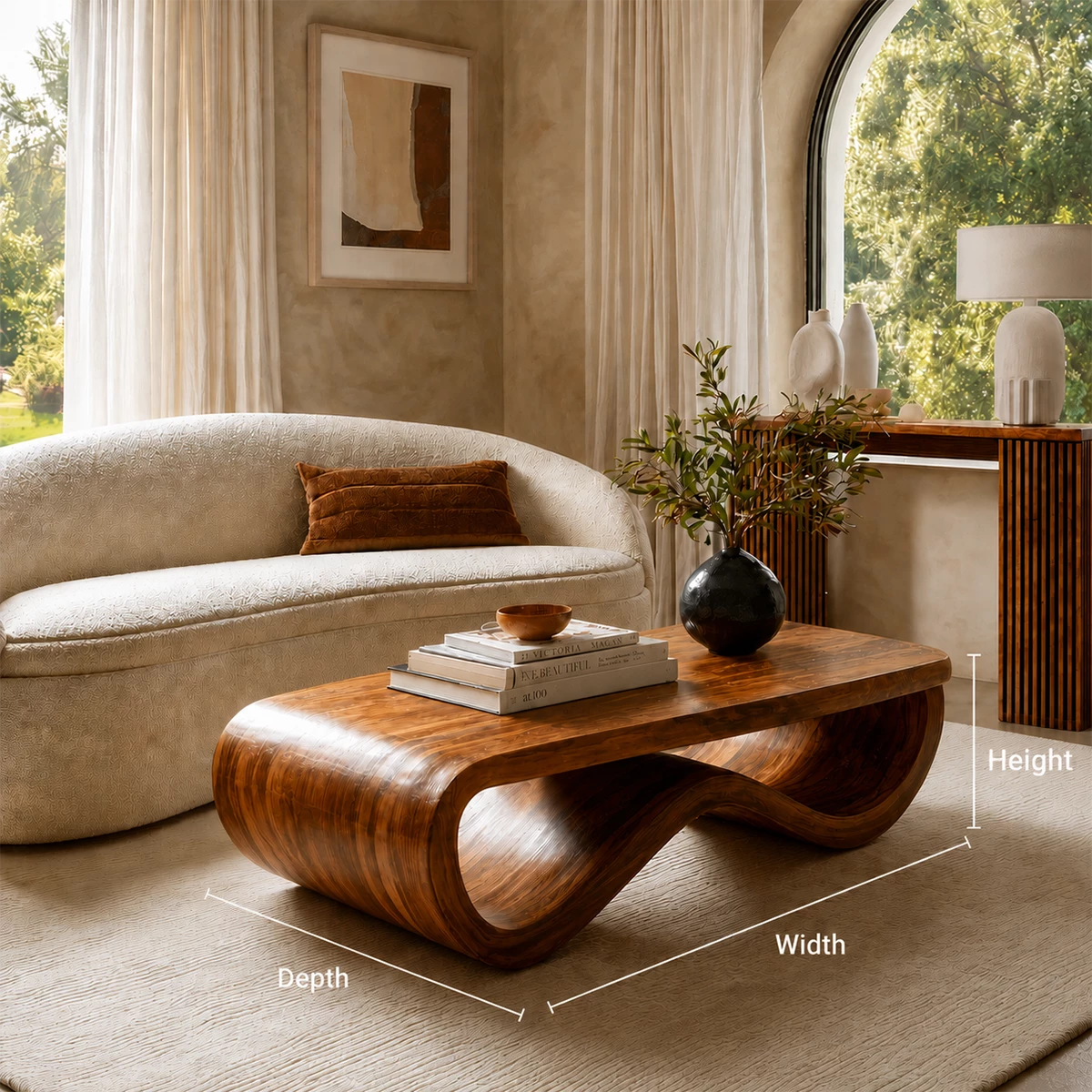 Sculptural Solid Wood Coffee Table With Curved Waterfall Base And Natural Wood Grain For Modern Living Room - Livewoodcraft - 10