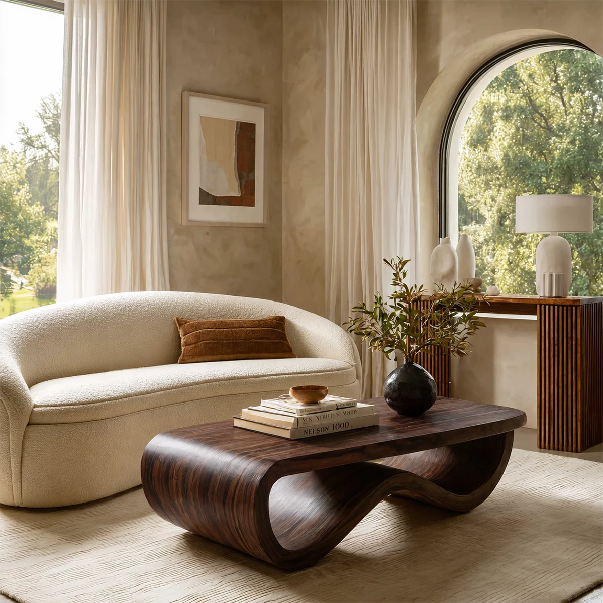 Sculptural Solid Wood Coffee Table With Curved Waterfall Base And Natural Wood Grain For Modern Living Room - Livewoodcraft - 3