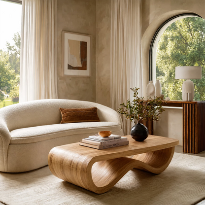 Sculptural Solid Wood Coffee Table With Curved Waterfall Base And Natural Wood Grain For Modern Living Room - Livewoodcraft - 4