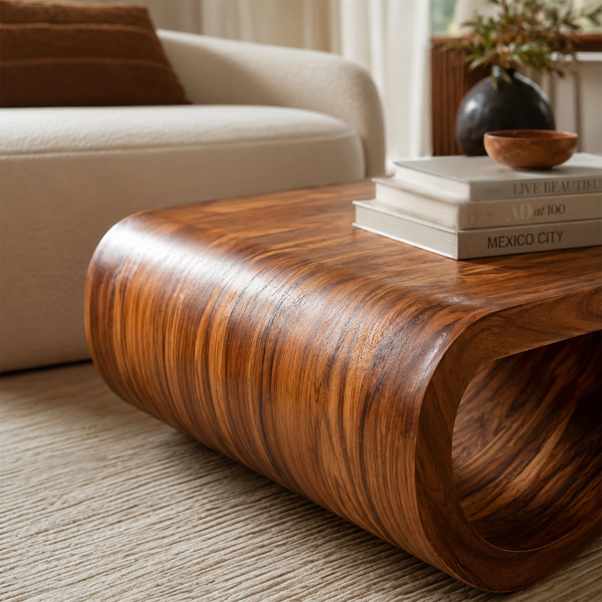 Sculptural Solid Wood Coffee Table With Curved Waterfall Base And Natural Wood Grain For Modern Living Room - Livewoodcraft - 5