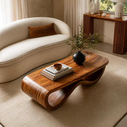 Sculptural Solid Wood Coffee Table With Curved Waterfall Base And Natural Wood Grain For Modern Living Room - Livewoodcraft - 6
