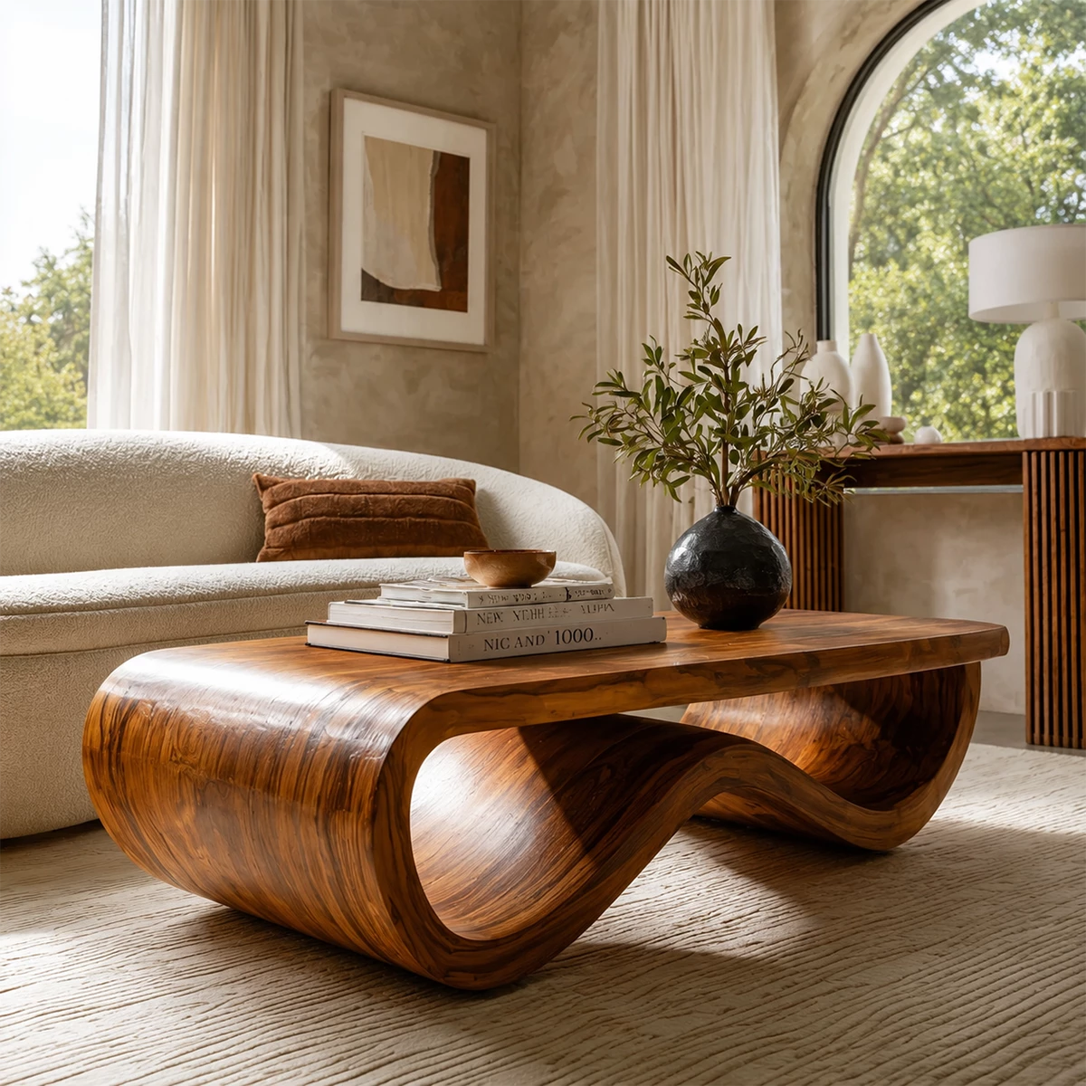 Sculptural Solid Wood Coffee Table With Curved Waterfall Base And Natural Wood Grain For Modern Living Room - Livewoodcraft - 7