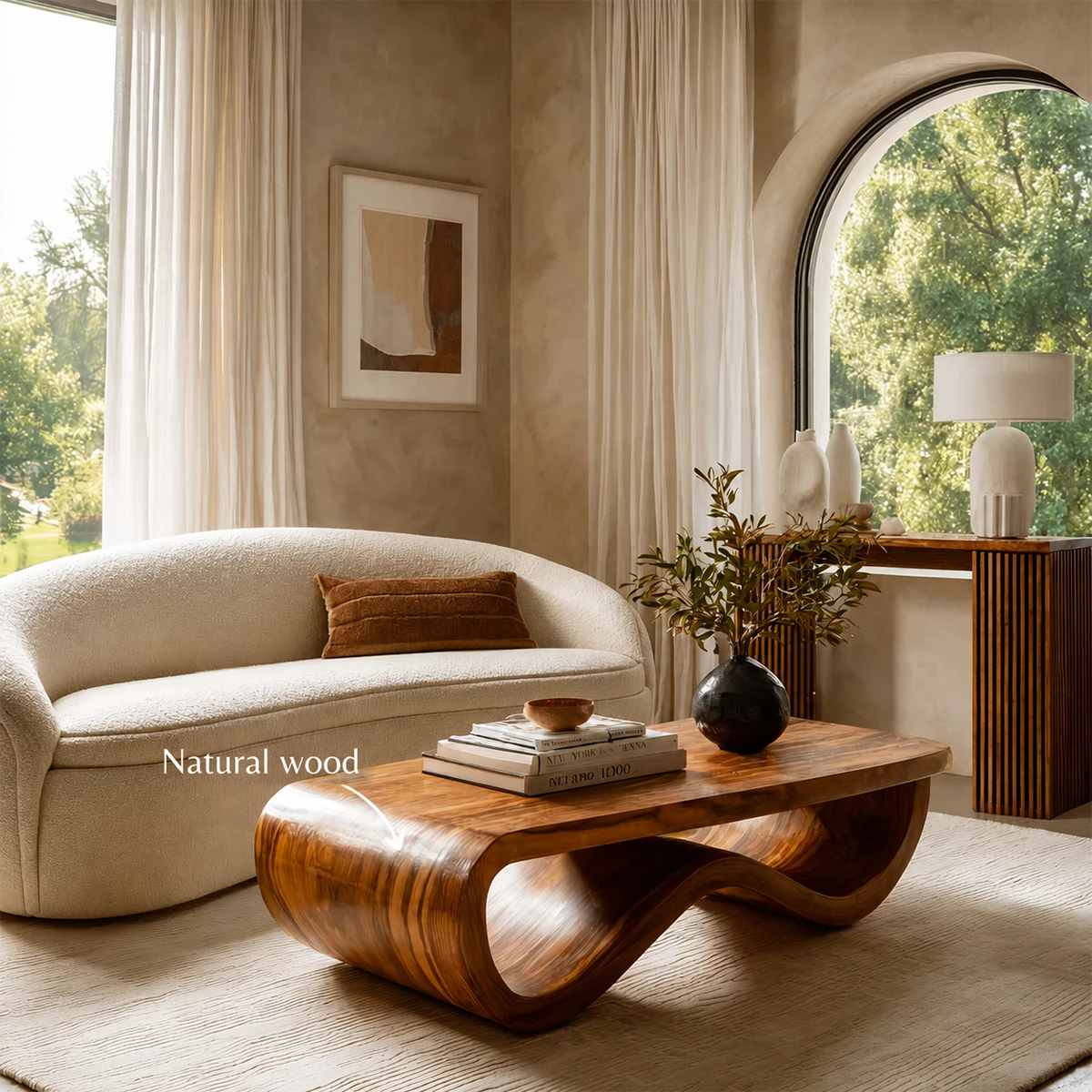 Sculptural Solid Wood Coffee Table With Curved Waterfall Base And Natural Wood Grain For Modern Living Room - Livewoodcraft - 9