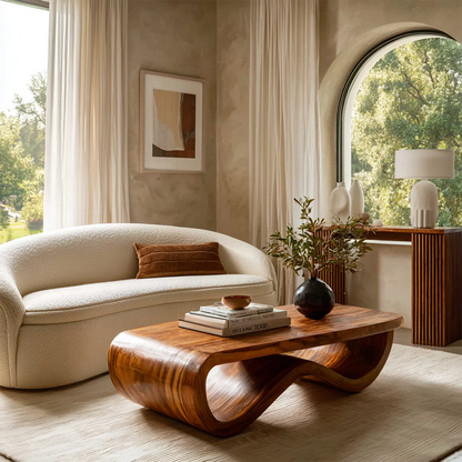 Sculptural Solid Wood Coffee Table With Curved Waterfall Base And Natural Wood Grain For Modern Living Room - Livewoodcraft