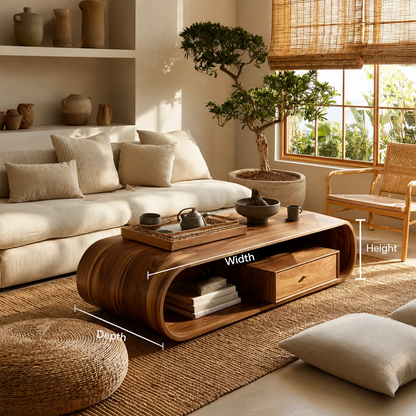 Sculptural Solid Wood Coffee Table With Curved Waterfall Base Storage Drawer And Open Shelf For Modern Living Room - Livewoodcraft - 10