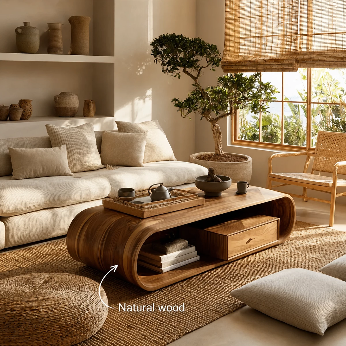 Sculptural Solid Wood Coffee Table With Curved Waterfall Base Storage Drawer And Open Shelf For Modern Living Room - Livewoodcraft - 11