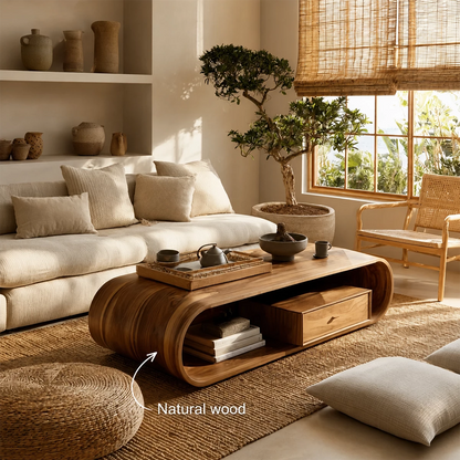 Sculptural Solid Wood Coffee Table With Curved Waterfall Base Storage Drawer And Open Shelf For Modern Living Room - Livewoodcraft - 11