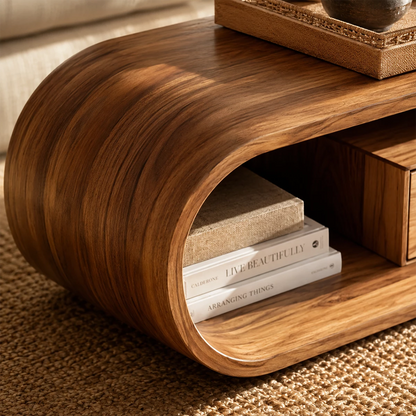 Sculptural Solid Wood Coffee Table With Curved Waterfall Base Storage Drawer And Open Shelf For Modern Living Room - Livewoodcraft - 6