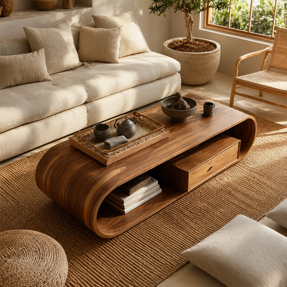 Sculptural Solid Wood Coffee Table With Curved Waterfall Base Storage Drawer And Open Shelf For Modern Living Room - Livewoodcraft - 7