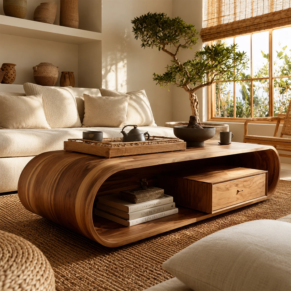 Sculptural Solid Wood Coffee Table With Curved Waterfall Base Storage Drawer And Open Shelf For Modern Living Room - Livewoodcraft - 8