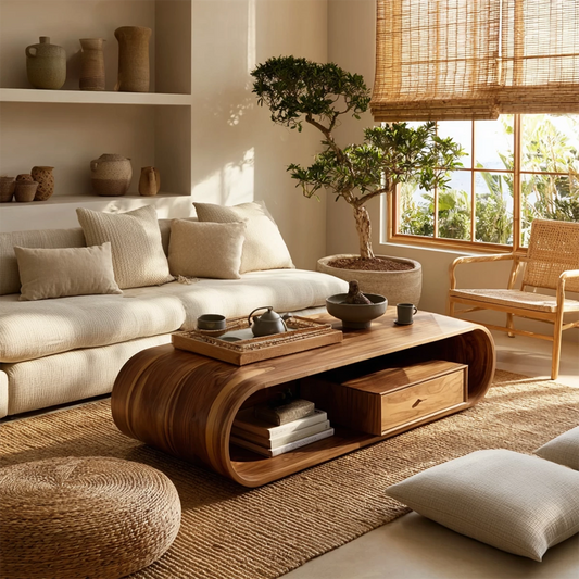 Sculptural Solid Wood Coffee Table With Curved Waterfall Base Storage Drawer And Open Shelf For Modern Living Room - Livewoodcraft