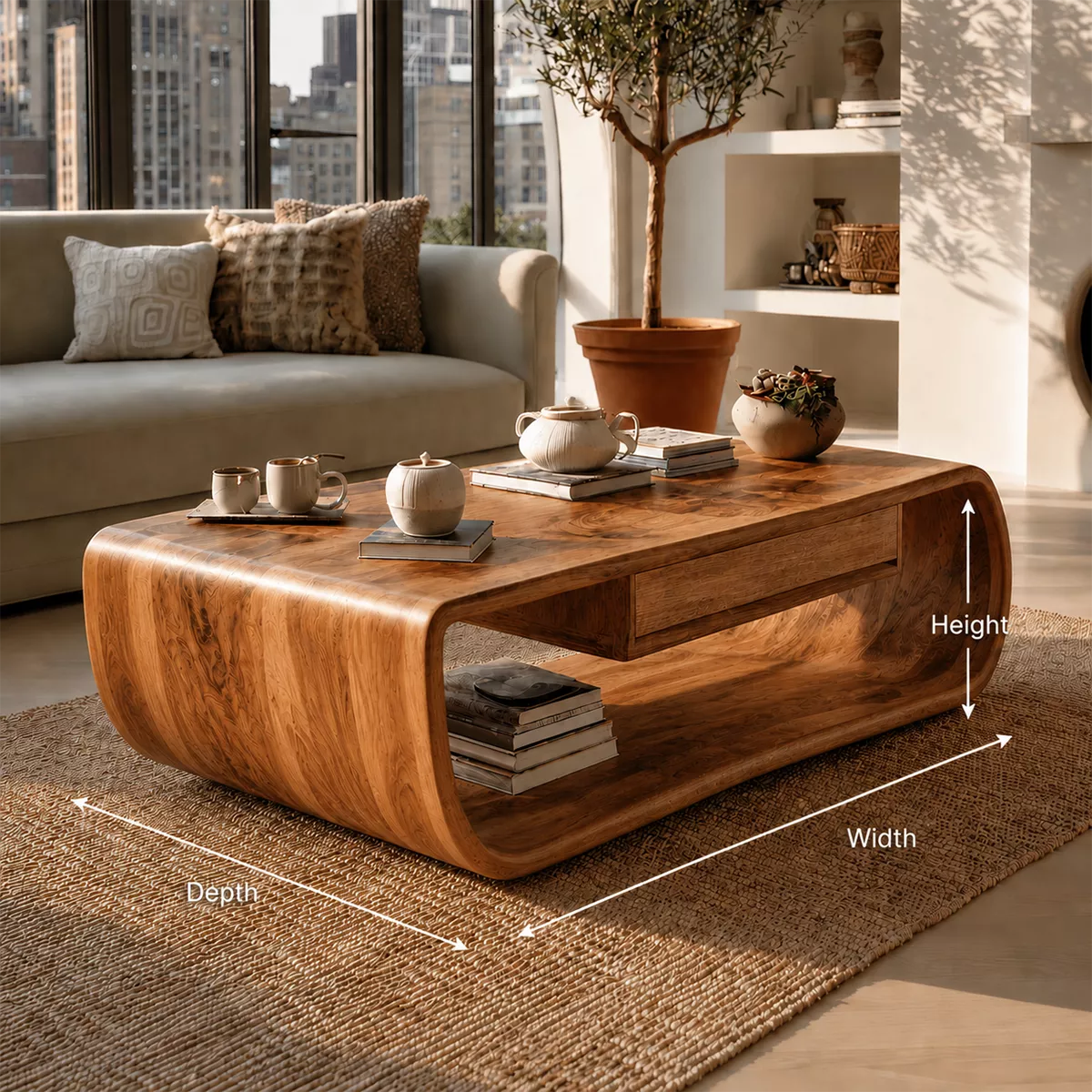 Sculptural Solid Wood Coffee Table With Curved Waterfall Frame Storage Drawer And Open Shelf For Modern Living Room - Livewoodcraft - 10