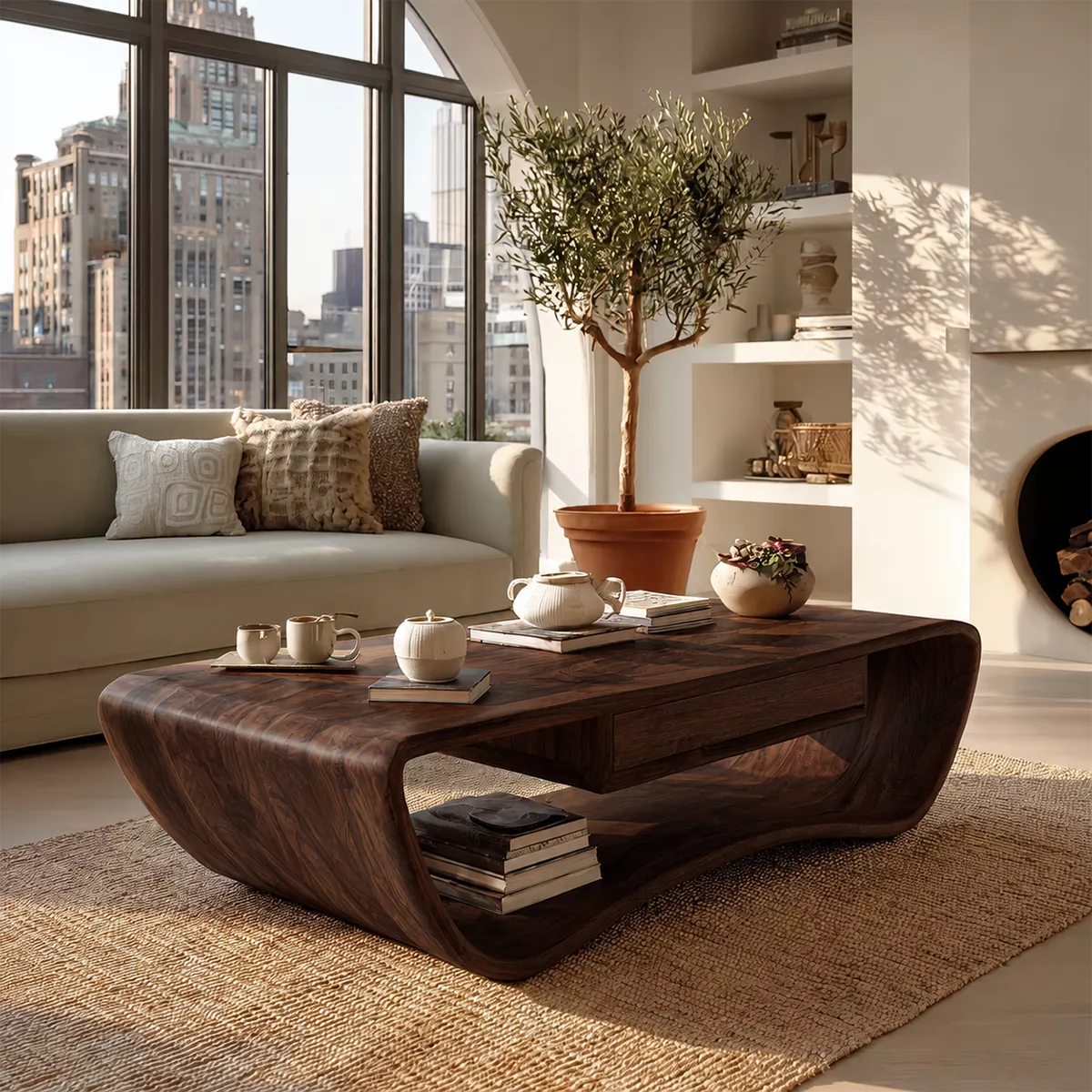 Sculptural Solid Wood Coffee Table With Curved Waterfall Frame Storage Drawer And Open Shelf For Modern Living Room - Livewoodcraft - 2