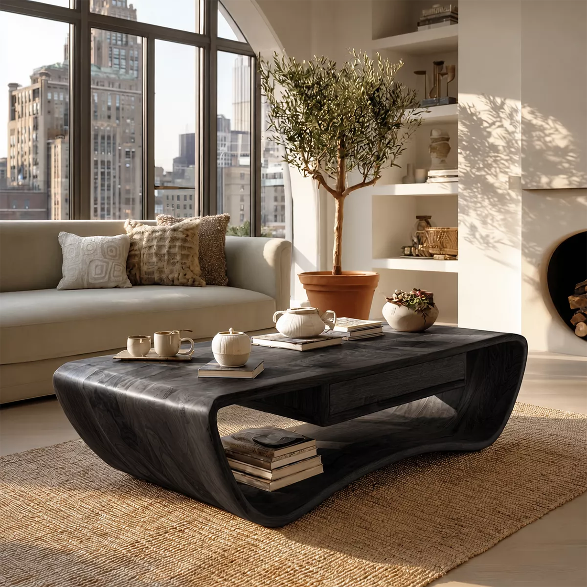 Sculptural Solid Wood Coffee Table With Curved Waterfall Frame Storage Drawer And Open Shelf For Modern Living Room - Livewoodcraft - 3