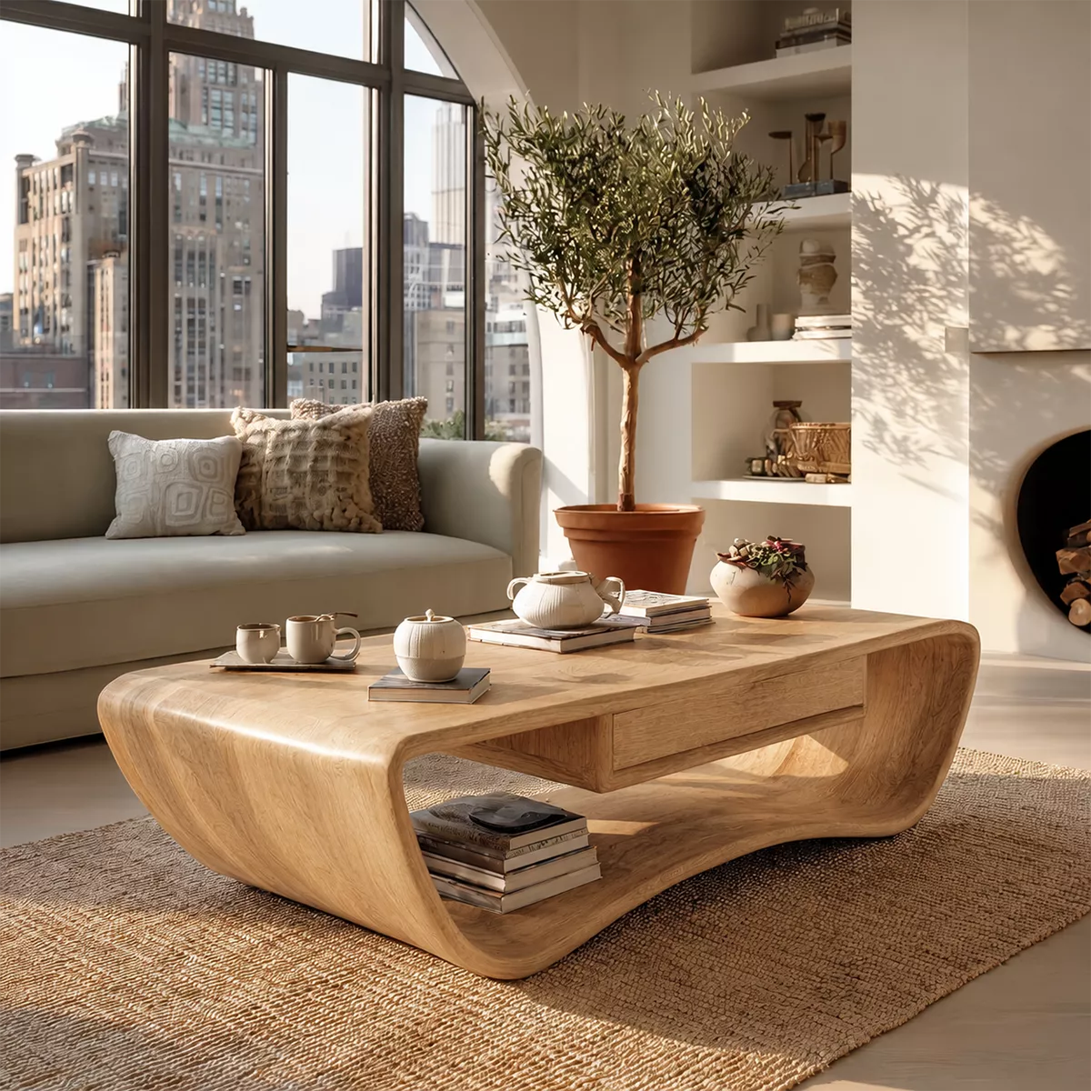 Sculptural Solid Wood Coffee Table With Curved Waterfall Frame Storage Drawer And Open Shelf For Modern Living Room - Livewoodcraft - 4
