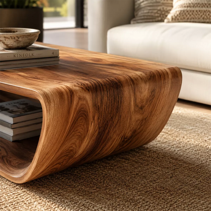 Sculptural Solid Wood Coffee Table With Curved Waterfall Frame Storage Drawer And Open Shelf For Modern Living Room - Livewoodcraft - 5
