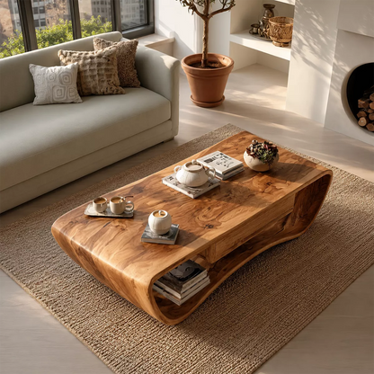 Sculptural Solid Wood Coffee Table With Curved Waterfall Frame Storage Drawer And Open Shelf For Modern Living Room - Livewoodcraft - 6