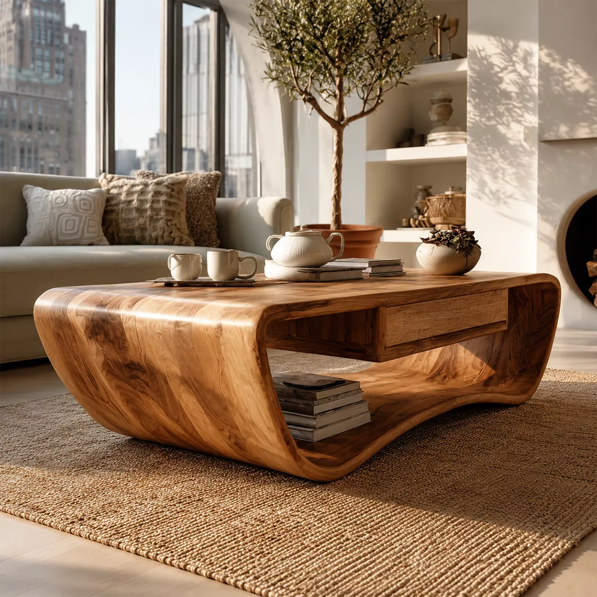 Sculptural Solid Wood Coffee Table With Curved Waterfall Frame Storage Drawer And Open Shelf For Modern Living Room - Livewoodcraft - 7