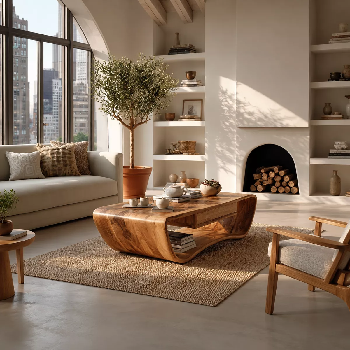 Sculptural Solid Wood Coffee Table With Curved Waterfall Frame Storage Drawer And Open Shelf For Modern Living Room - Livewoodcraft - 8