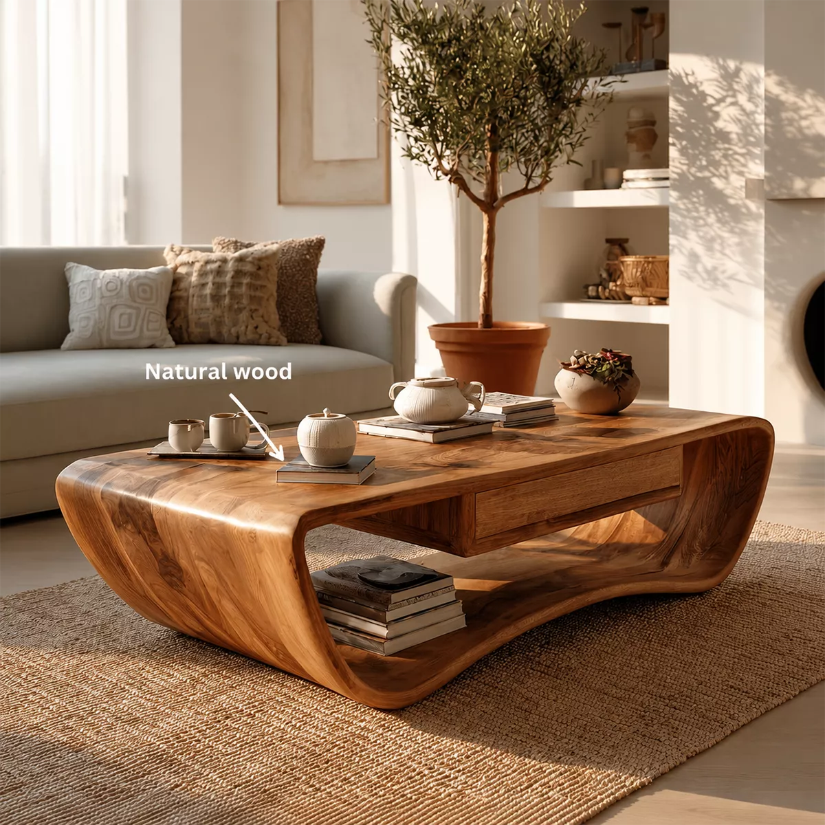 Sculptural Solid Wood Coffee Table With Curved Waterfall Frame Storage Drawer And Open Shelf For Modern Living Room - Livewoodcraft - 9