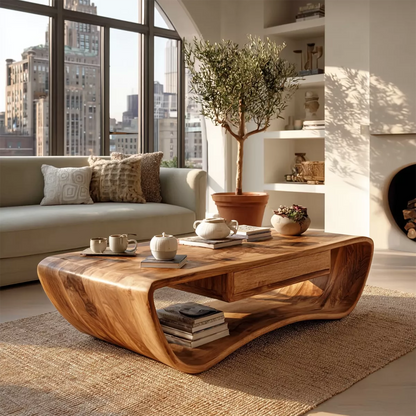 Sculptural Solid Wood Coffee Table With Curved Waterfall Frame Storage Drawer And Open Shelf For Modern Living Room - Livewoodcraft