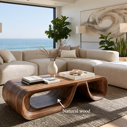 Sculptural Solid Wood Coffee Table With Double Open Wave Base And Natural Wood Grain For Modern Living Room - Livewoodcraft - 10