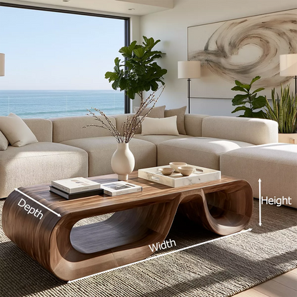 Sculptural Solid Wood Coffee Table With Double Open Wave Base And Natural Wood Grain For Modern Living Room - Livewoodcraft - 11
