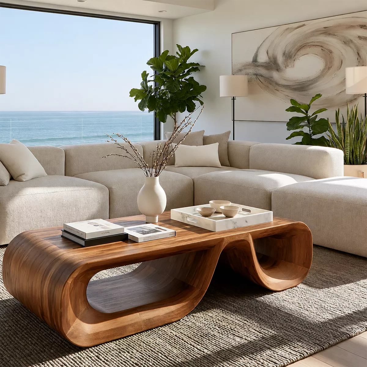 Sculptural Solid Wood Coffee Table With Double Open Wave Base And Natural Wood Grain For Modern Living Room - Livewoodcraft - 2