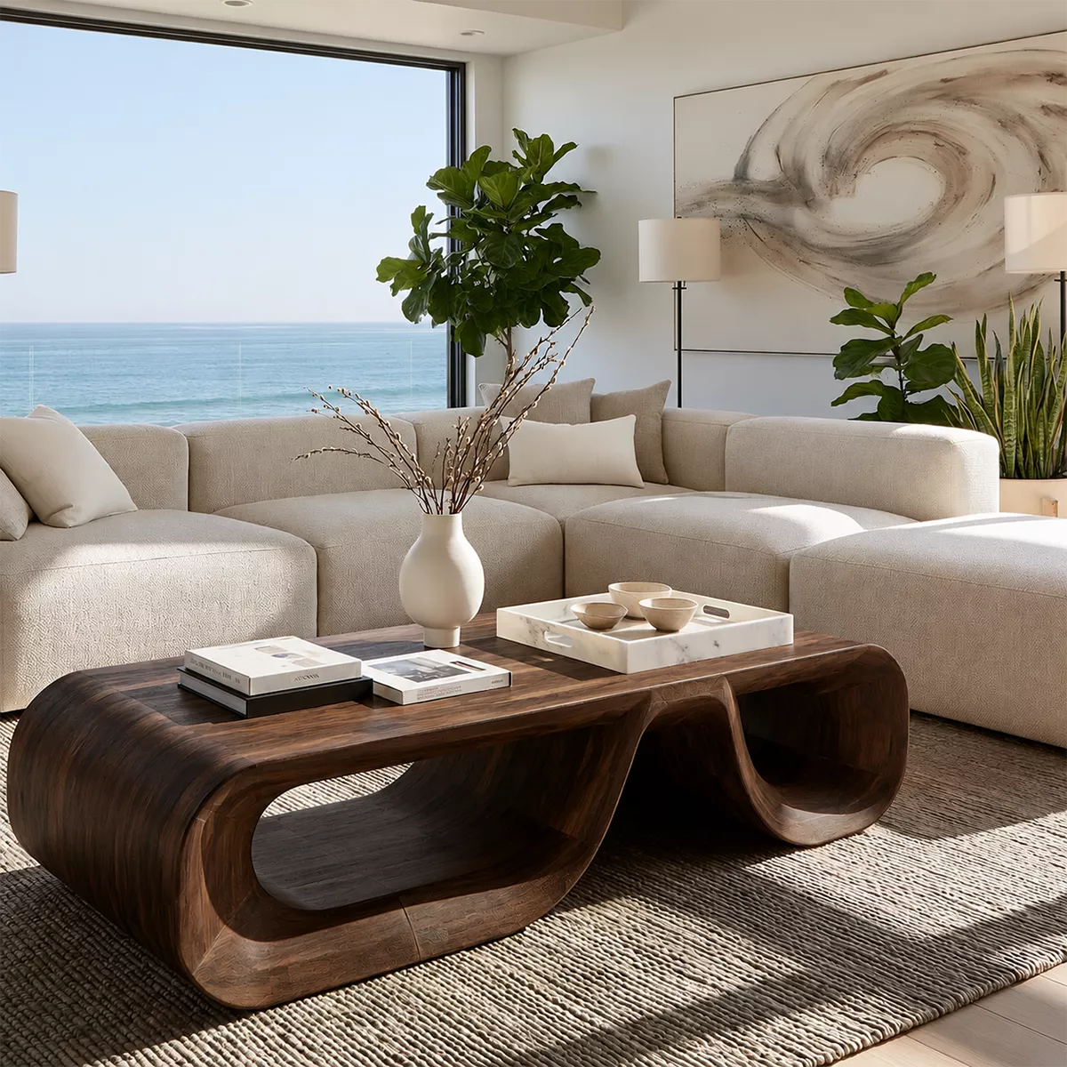 Sculptural Solid Wood Coffee Table With Double Open Wave Base And Natural Wood Grain For Modern Living Room - Livewoodcraft - 3