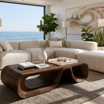 Sculptural Solid Wood Coffee Table With Double Open Wave Base And Natural Wood Grain For Modern Living Room - Livewoodcraft - 3