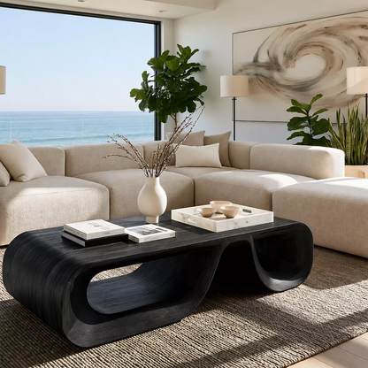 Sculptural Solid Wood Coffee Table With Double Open Wave Base And Natural Wood Grain For Modern Living Room - Livewoodcraft - 4