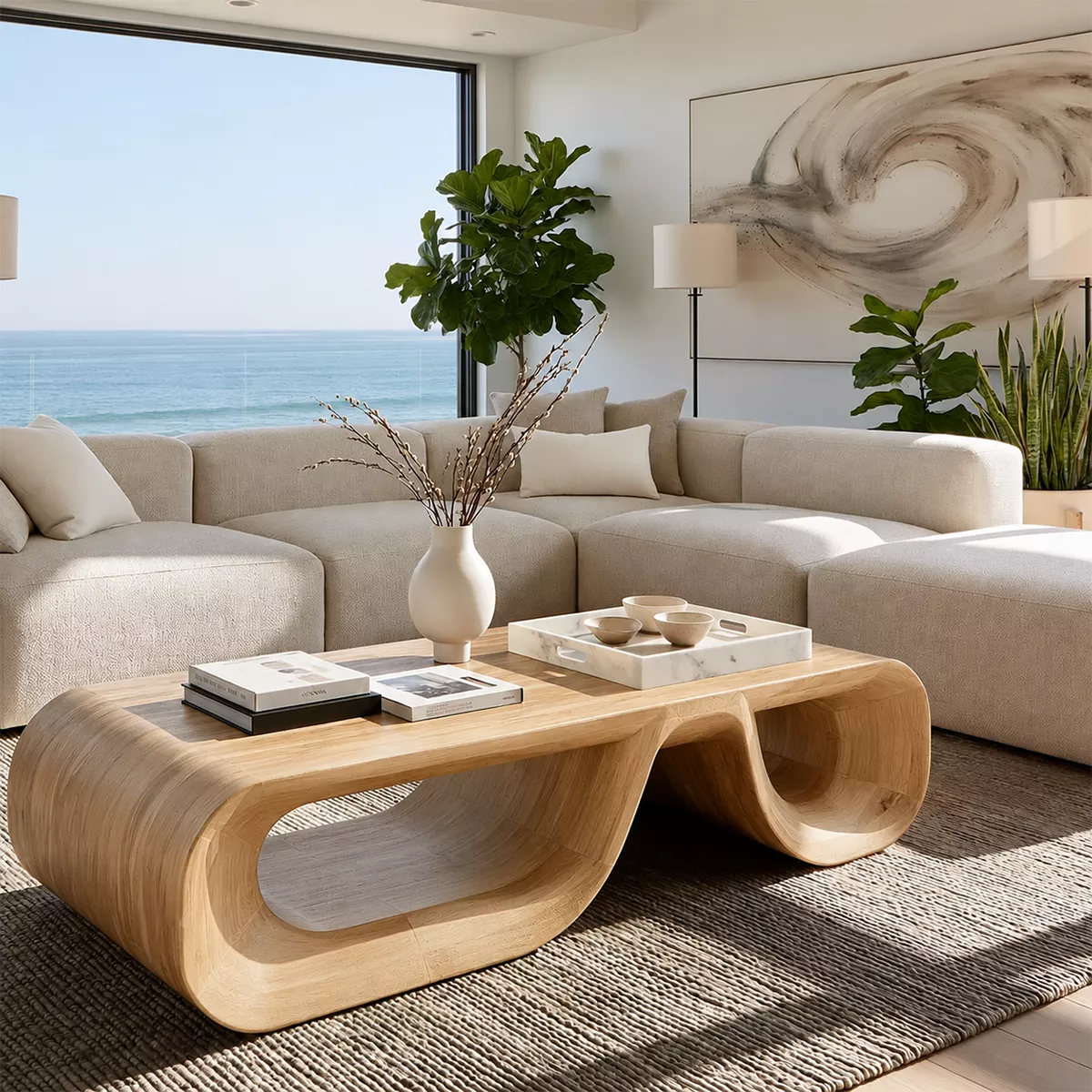 Sculptural Solid Wood Coffee Table With Double Open Wave Base And Natural Wood Grain For Modern Living Room - Livewoodcraft - 5