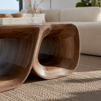 Sculptural Solid Wood Coffee Table With Double Open Wave Base And Natural Wood Grain For Modern Living Room - Livewoodcraft - 6