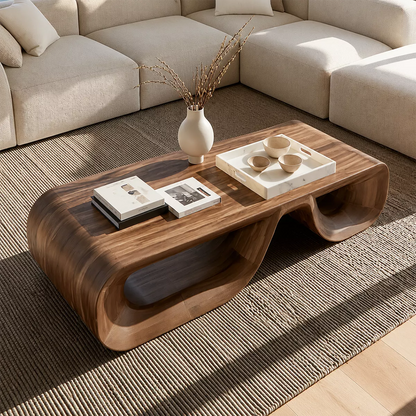 Sculptural Solid Wood Coffee Table With Double Open Wave Base And Natural Wood Grain For Modern Living Room - Livewoodcraft - 7
