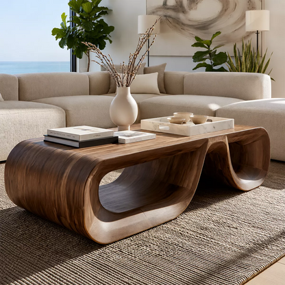 Sculptural Solid Wood Coffee Table With Double Open Wave Base And Natural Wood Grain For Modern Living Room - Livewoodcraft - 8