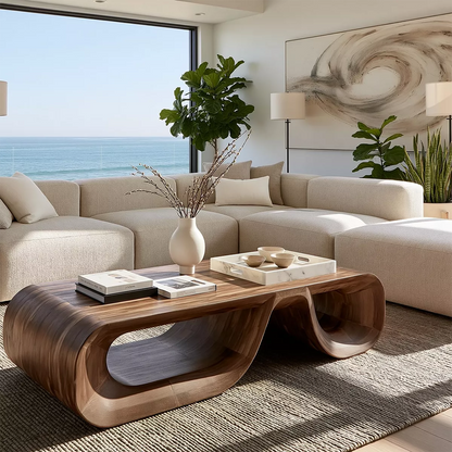 Sculptural Solid Wood Coffee Table With Double Open Wave Base And Natural Wood Grain For Modern Living Room - Livewoodcraft