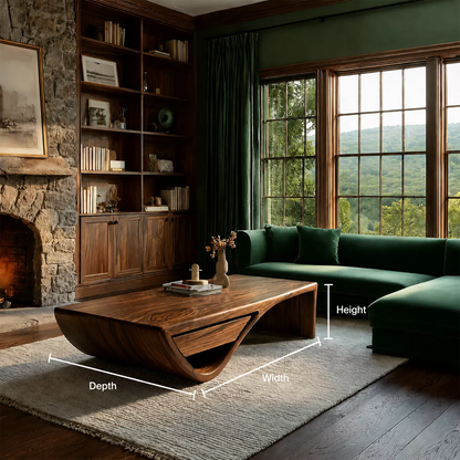 Sculptural Solid Wood Coffee Table With Hidden Storage Drawer And Curved Open Base For Modern Living Room - Livewoodcraft - 11